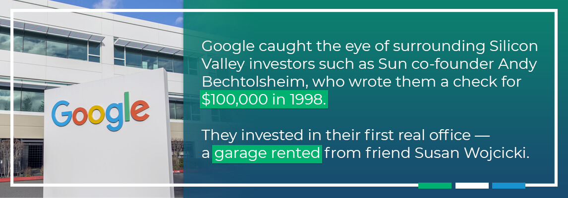 Google cause the eye of investors who wrote them a cheque in 1998, Their first real office - a garage rented from friend, Susan Wojcicki