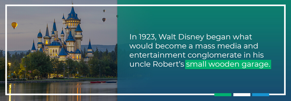 In 1923, Walt Disney began what would become a mass media and entertainment conglomerate in his uncle Robert's small wooden garage