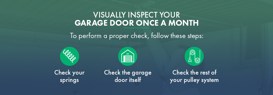 Visually Inspect Your Garage Door Once a Month. To perform a proper check, follow these steps.
