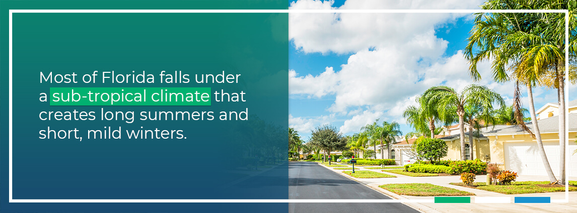 Most of Florida falls under a sub-tropical climate that creates long summers and short, mild winters.