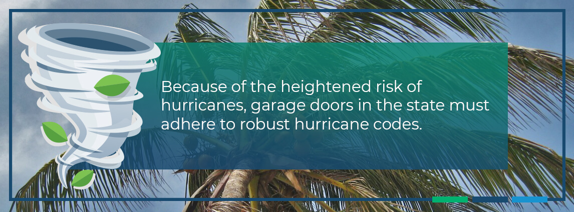 because of the heightened risk of hurricanes, garage doors in the state must adhere to robust hurricane codes