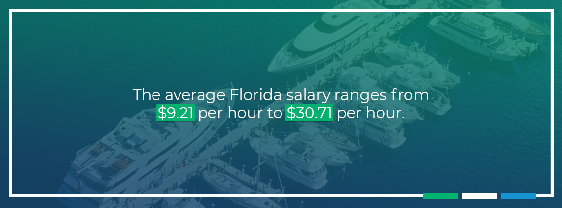 The average Florida salary ranges from $9.21 per hour to $30.71 per hour